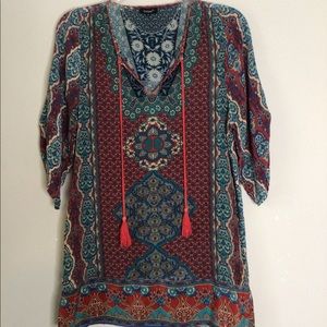 Tolani Bohemian Print Silk Dress Ruched Elbow Sleeves Oversized Lightweight